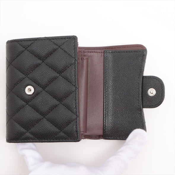 Black Classic Caviar Compact Wallet (Silvertone Metal Hardware)