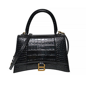 Black Crocodile Embossed Calfskin Leather Hourglass Small Handbag (Rented Out)