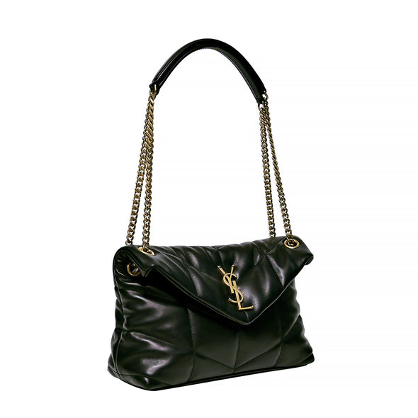 Black Nappa Leather Puffer Small Chain Bag (Antique Goldtone Hardware) (Rented Out)