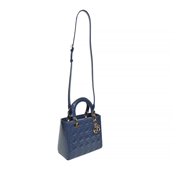 Blue Patent Cannage Calfskin Leather Medium Lady Dior Bag (Rented Out)