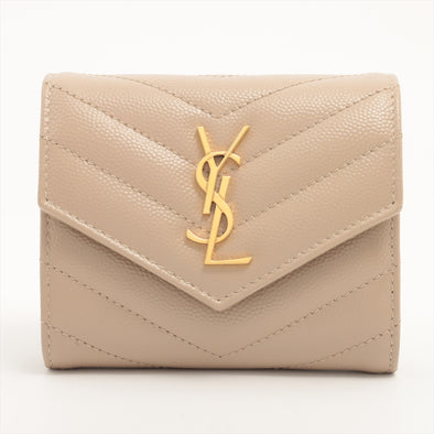 Saint Laurent Beige Grained Leather Cassandre Matelasse Multifold Wallet [Clearance Sale]