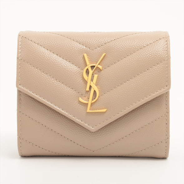 Saint Laurent Beige Grained Leather Cassandre Matelasse Multifold Wallet [Clearance Sale]