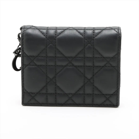 Christian Dior Black Cannage Lambskin Leather Mini Lady Dior Gardenia Wallet [Clearance Sale]