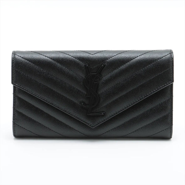 Saint Laurent Black Matelasse Grained Leather Cassandre Large Flap Wallet [Clearance Sale]