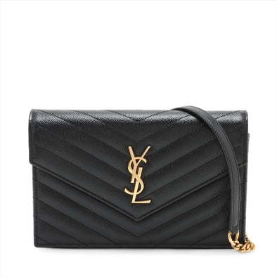 Saint Laurent Black Grained Leather Cassandre Chain Wallet [Clearance Sale]