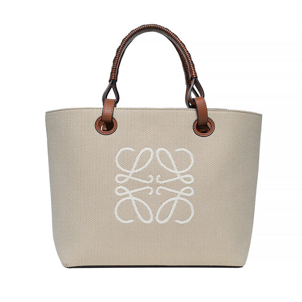Ecru Tan Jacquard Calfskin Leather Small Anagram Tote Bag (Rented Out)
