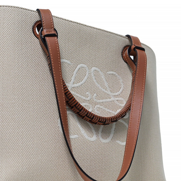 Ecru Tan Jacquard Calfskin Leather Small Anagram Tote Bag (Rented Out)