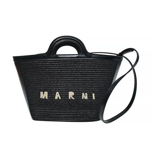 Black Leather and Raffia Tropicalia Small Bag