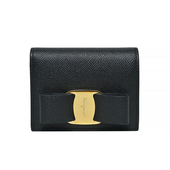Nero Vara Bow Grained Calfskin Leather Compact Wallet (Rented Out)