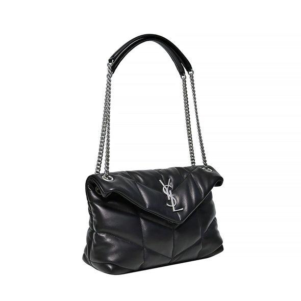 Black Nappa Leather Puffer Small Chain Bag (Antique Silvertone Hardware) (Rented Out)