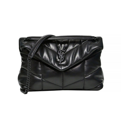 Black Nappa Leather Puffer Small Chain Bag (Black Metal Hardware)