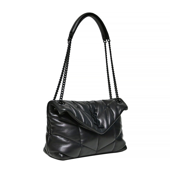 Black Nappa Leather Puffer Small Chain Bag (Black Metal Hardware)