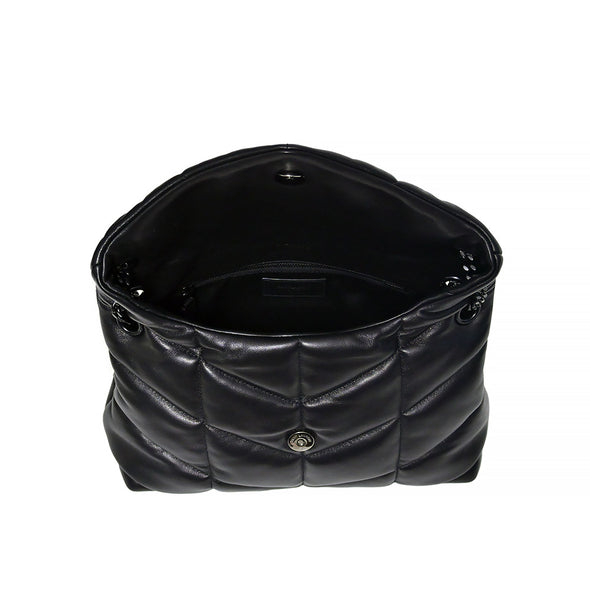 Black Nappa Leather Puffer Small Chain Bag (Black Metal Hardware)