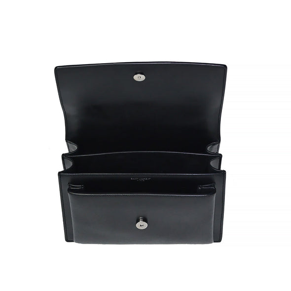 Black Smooth Leather Sunset Medium Chain Bag (Silvertone Hardware) - 2