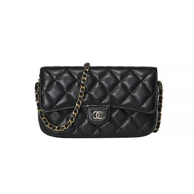 Black Quilted Caviar Phone Holder with Chain Bag