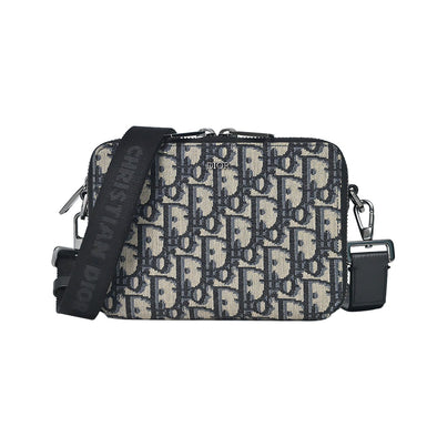 Beige and Black Dior Oblique Jacquard Pouch with Strap (Rented Out)