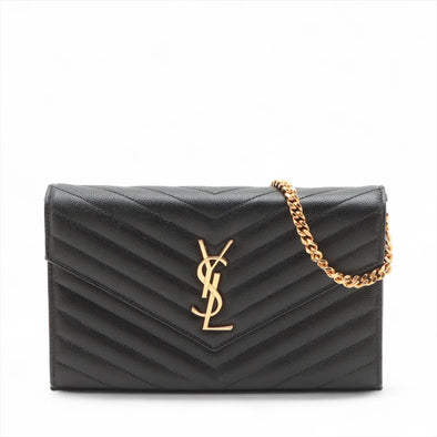 Saint Laurent Black Grained Leather Cassandre Chain Wallet [Clearance Sale]