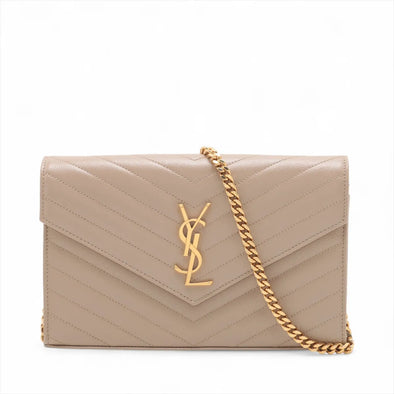 Saint Laurent Beige Grained Leather Cassandre Chain Wallet [Clearance Sale]