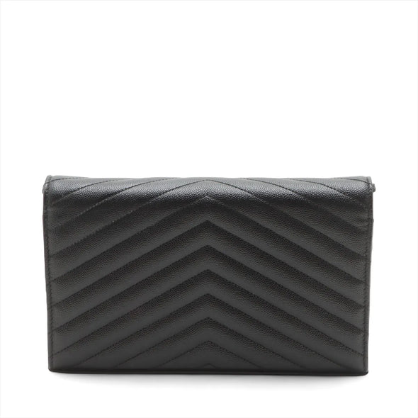Saint Laurent Black Grained Leather Cassandre Chain Wallet [Clearance Sale]