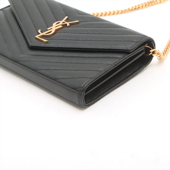 Saint Laurent Black Grained Leather Cassandre Chain Wallet [Clearance Sale]