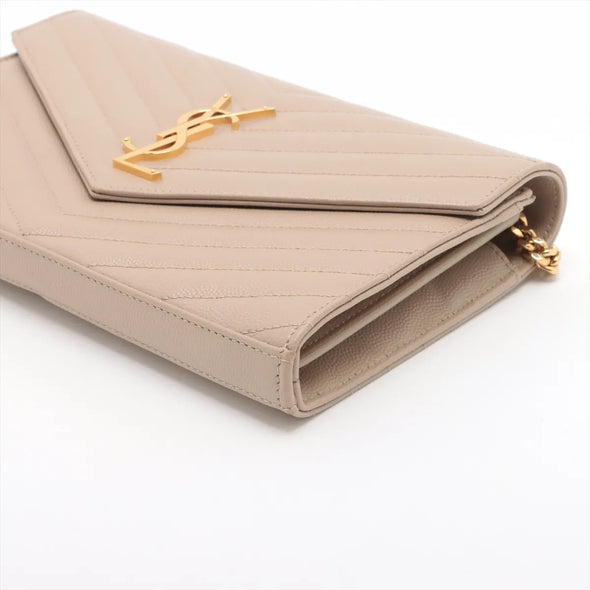 Saint Laurent Beige Grained Leather Cassandre Chain Wallet [Clearance Sale]