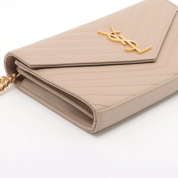 Saint Laurent Beige Grained Leather Cassandre Chain Wallet [Clearance Sale]
