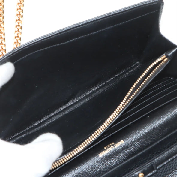 Saint Laurent Black Grained Leather Cassandre Chain Wallet [Clearance Sale]