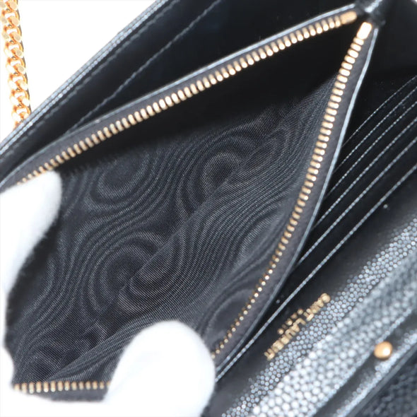 Saint Laurent Black Grained Leather Cassandre Chain Wallet [Clearance Sale]