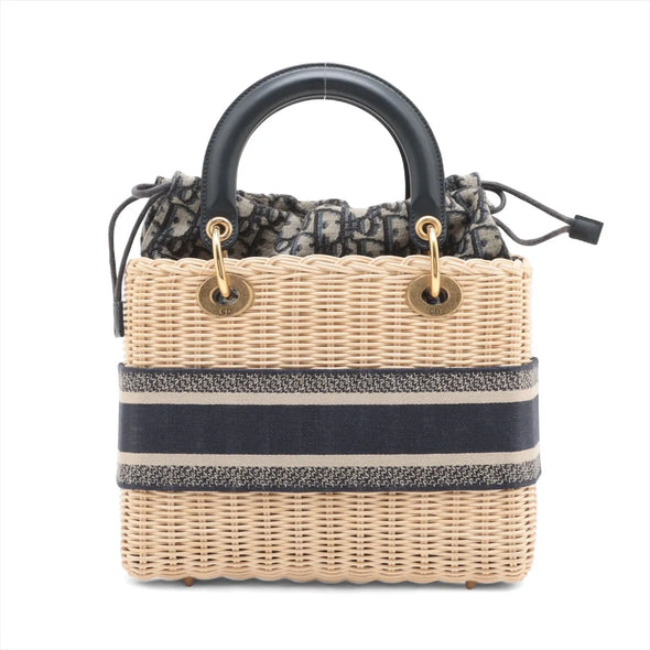 Christian Dior Natural Rattan and Blue Dior Oblique Jacquard Medium Lady Dior Handbag [Clearance Sale]