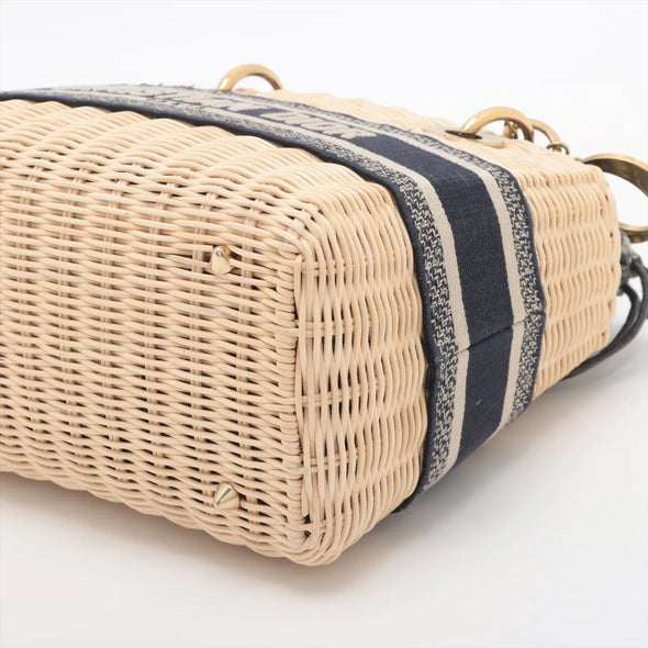 Christian Dior Natural Rattan and Blue Dior Oblique Jacquard Medium Lady Dior Handbag [Clearance Sale]