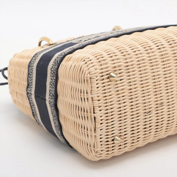 Christian Dior Natural Rattan and Blue Dior Oblique Jacquard Medium Lady Dior Handbag [Clearance Sale]