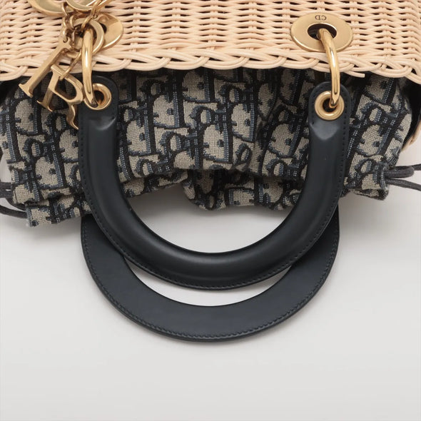 Christian Dior Natural Rattan and Blue Dior Oblique Jacquard Medium Lady Dior Handbag [Clearance Sale]