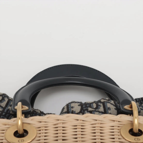 Christian Dior Natural Rattan and Blue Dior Oblique Jacquard Medium Lady Dior Handbag [Clearance Sale]