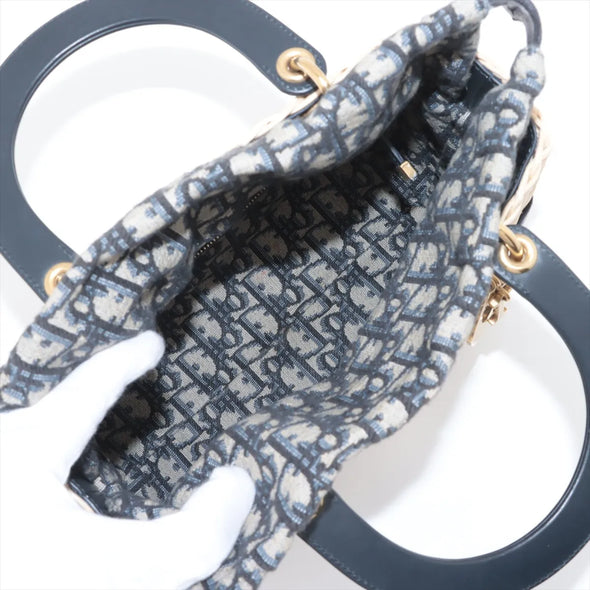 Christian Dior Natural Rattan and Blue Dior Oblique Jacquard Medium Lady Dior Handbag [Clearance Sale]