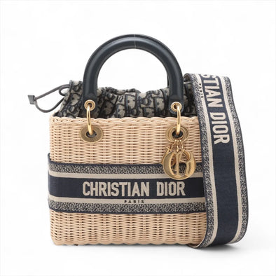 Christian Dior Natural Rattan and Blue Dior Oblique Jacquard Medium Lady Dior Handbag [Clearance Sale]