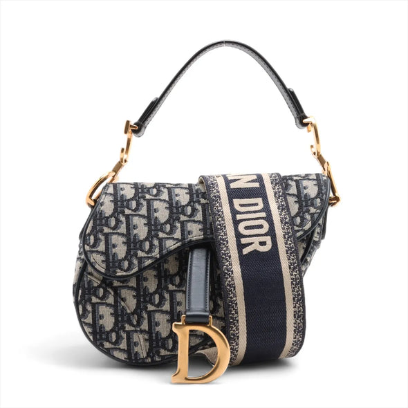Christian Dior Blue Dior Oblique Embroidery Mini Saddle Bag with Strap [Clearance Sale]