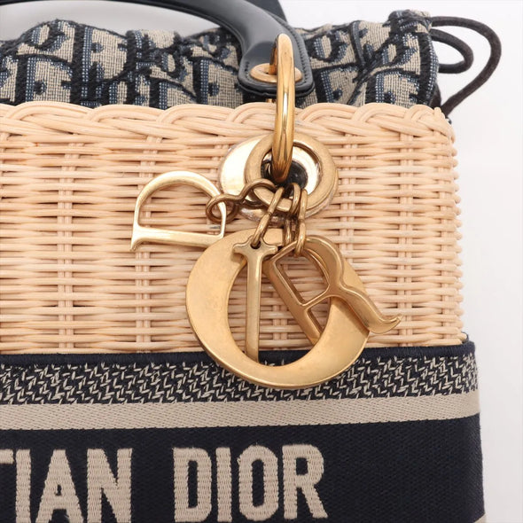 Christian Dior Natural Rattan and Blue Dior Oblique Jacquard Medium Lady Dior Handbag [Clearance Sale]