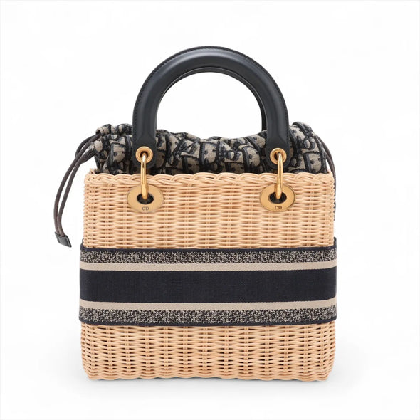 Christian Dior Natural Rattan and Blue Dior Oblique Jacquard Medium Lady Dior Handbag [Clearance Sale]