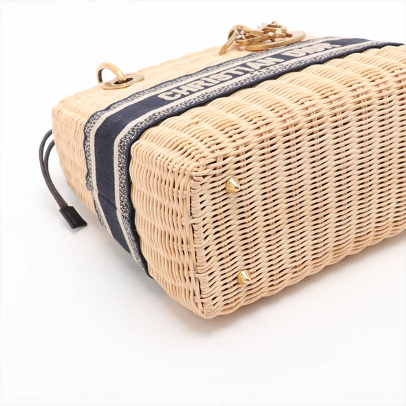 Christian Dior Natural Rattan and Blue Dior Oblique Jacquard Medium Lady Dior Handbag [Clearance Sale]