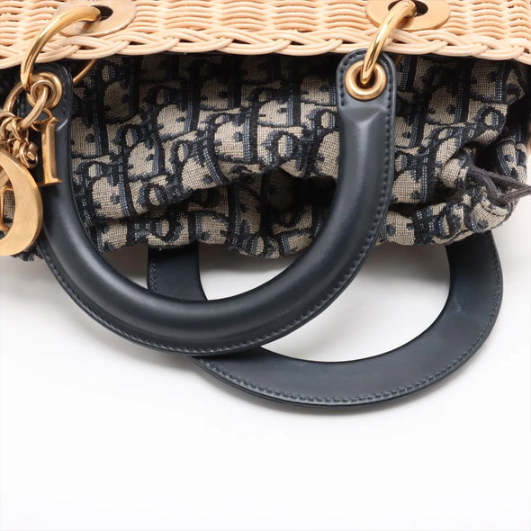 Christian Dior Natural Rattan and Blue Dior Oblique Jacquard Medium Lady Dior Handbag [Clearance Sale]