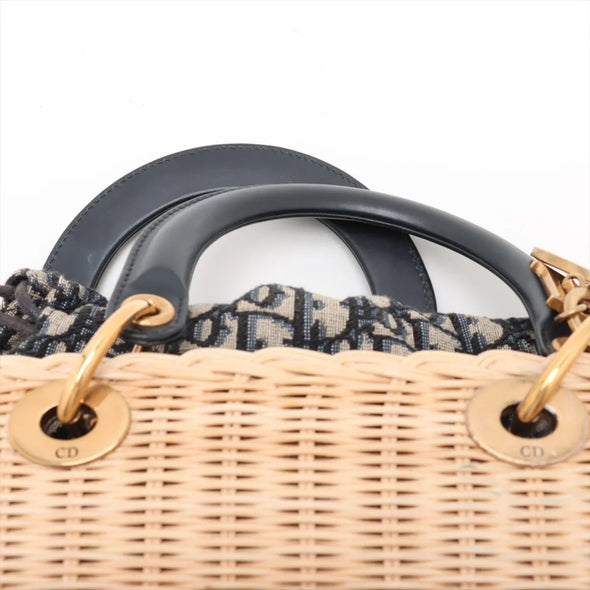 Christian Dior Natural Rattan and Blue Dior Oblique Jacquard Medium Lady Dior Handbag [Clearance Sale]