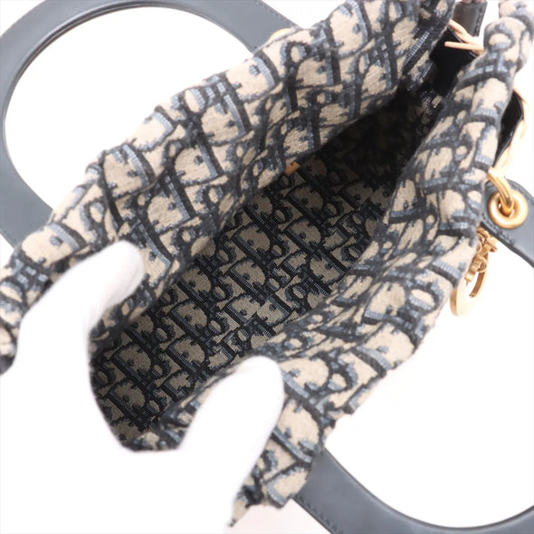 Christian Dior Natural Rattan and Blue Dior Oblique Jacquard Medium Lady Dior Handbag [Clearance Sale]