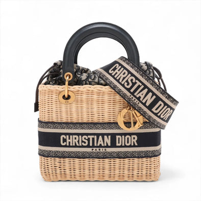 Christian Dior Natural Rattan and Blue Dior Oblique Jacquard Medium Lady Dior Handbag [Clearance Sale]
