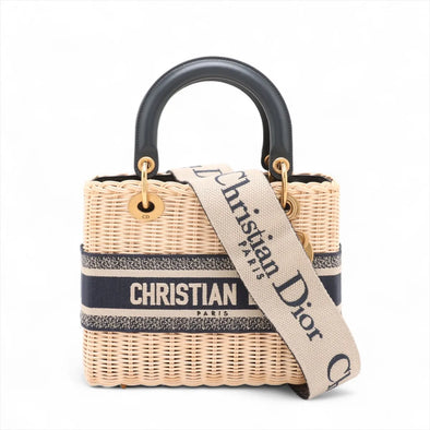 Christian Dior Natural Rattan and Blue Dior Oblique Jacquard Medium Lady Dior Handbag [Clearance Sale]