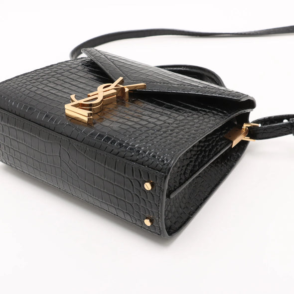 Saint Laurent Black Mock Croc Leather Cassandra Mini Top Handle [Clearance Sale]