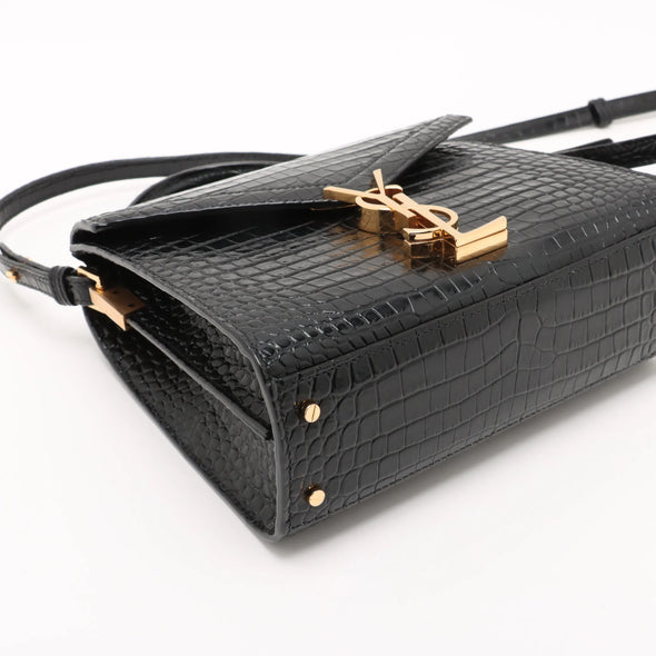 Saint Laurent Black Mock Croc Leather Cassandra Mini Top Handle [Clearance Sale]