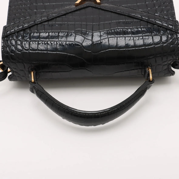Saint Laurent Black Mock Croc Leather Cassandra Mini Top Handle [Clearance Sale]