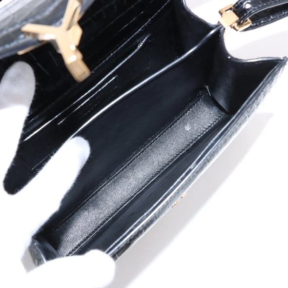 Saint Laurent Black Mock Croc Leather Cassandra Mini Top Handle [Clearance Sale]
