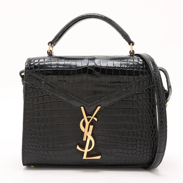 Saint Laurent Black Mock Croc Leather Cassandra Mini Top Handle [Clearance Sale]