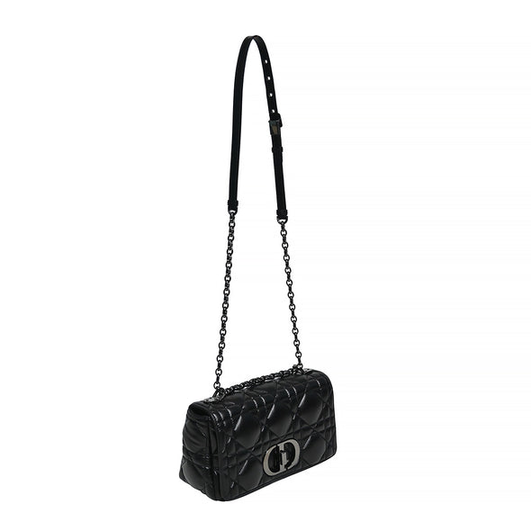 Black Supple Cannage Calfskin Dior Caro Medium Shoulder Bag (Rented Out)